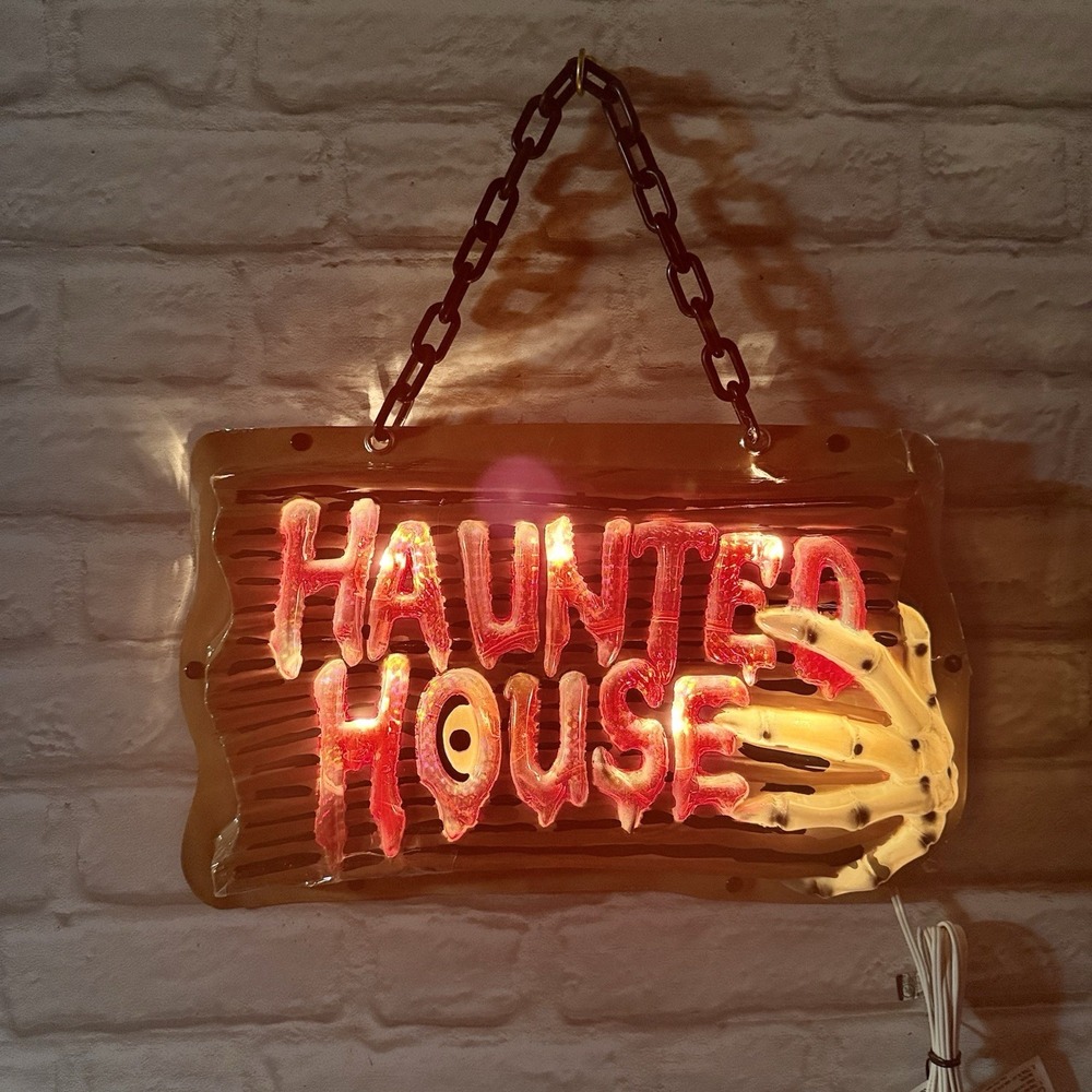 Vtg Rubies Spooky Halloween Haunted House Lighted 3D Hanging Sign Flickering